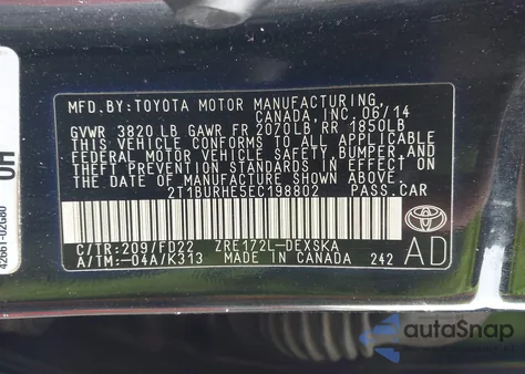 2014 Toyota Corolla S Plus from USA, damaged, VIN 2T1BURHE5EC198802